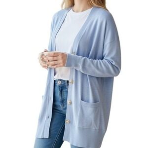 LOFT Blue Cardigan M Soft Minimalist Coastal Grandma Quiet Luxury Office Chic
